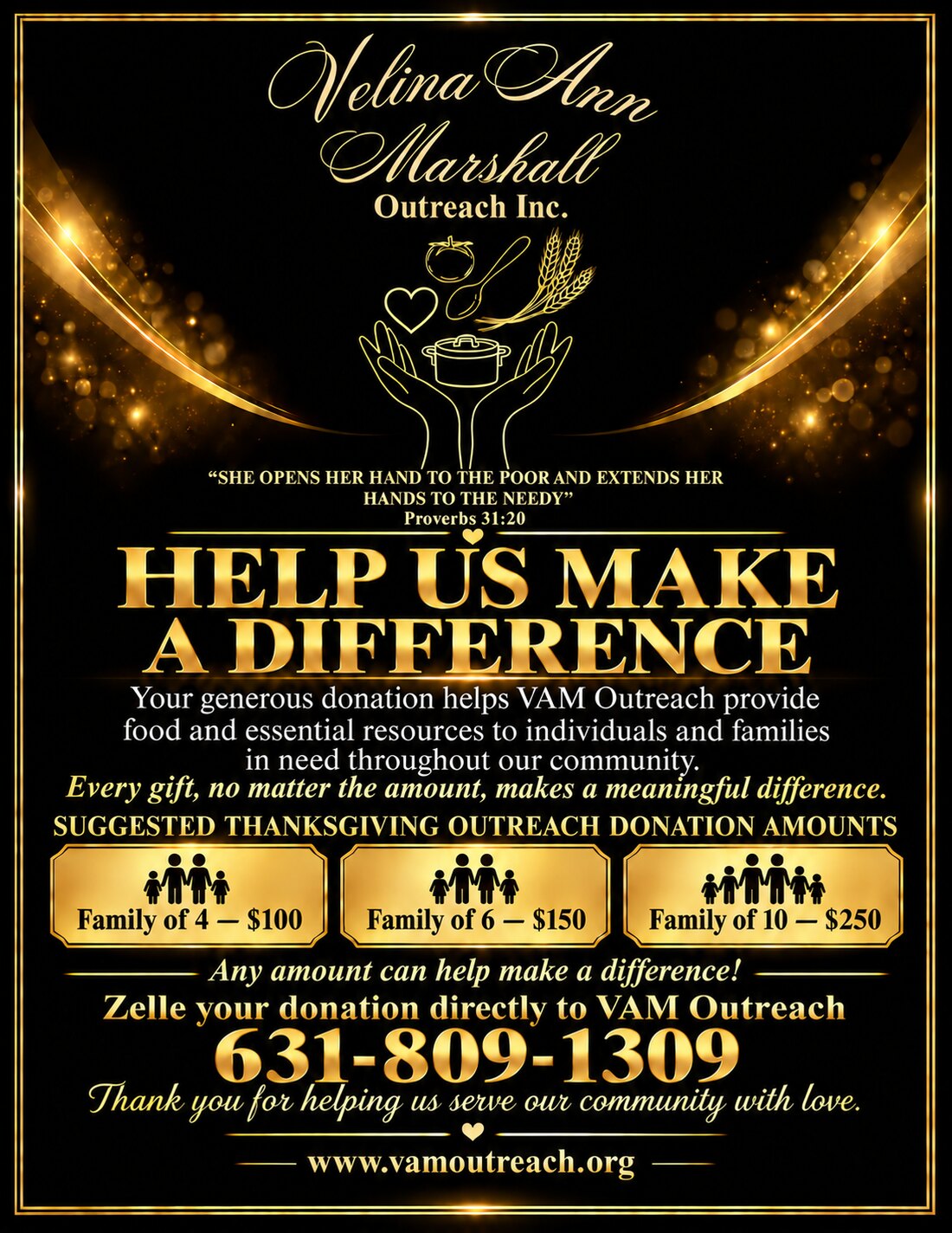 VAM Outreach Thanksgiving flyer: Help us make a difference — suggested Thanksgiving outreach donations of $100 for a family of four, $150 for a family of six, and $250 for a family of ten, sent by Zelle to 631-809-1309.